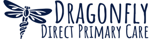 Logo for Dragonfly Direct Primary Care featuring a stylized dragonfly with a medical caduceus symbol incorporated into its tail, next to the company name in bold, uppercase letters.
